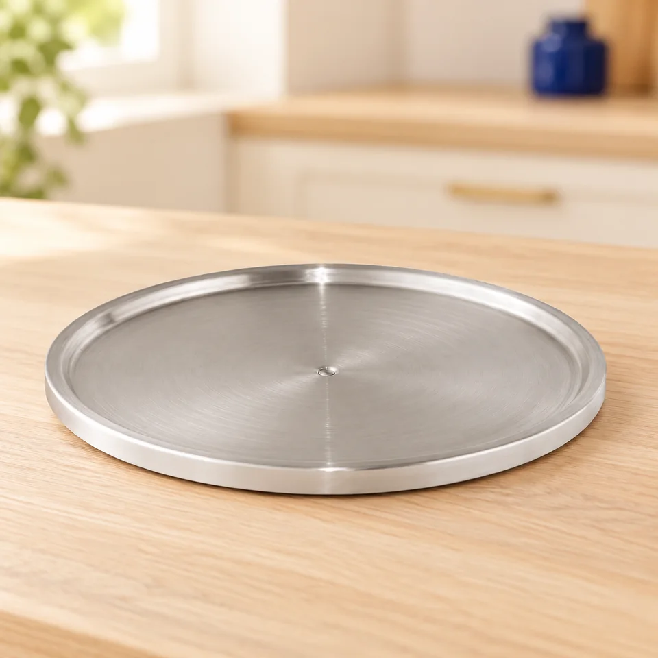 WENKO — plateau tournant inox — Illustration du rangement vide ; vaisselle, bocaux et accessoires de démonstration non fournis.