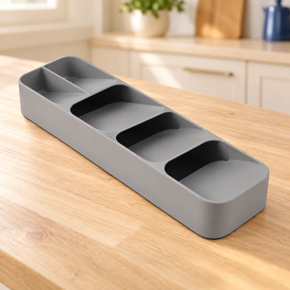 Joseph Joseph — DrawerStore compact gris — Un organiseur compact vide montré avec ses cinq logements inclinés.