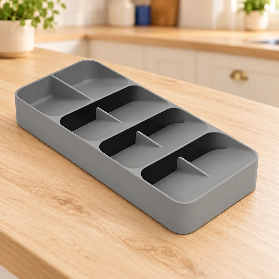 Joseph Joseph — DrawerStore double gris — Un plateau gris vide montré avec ses huit logements.