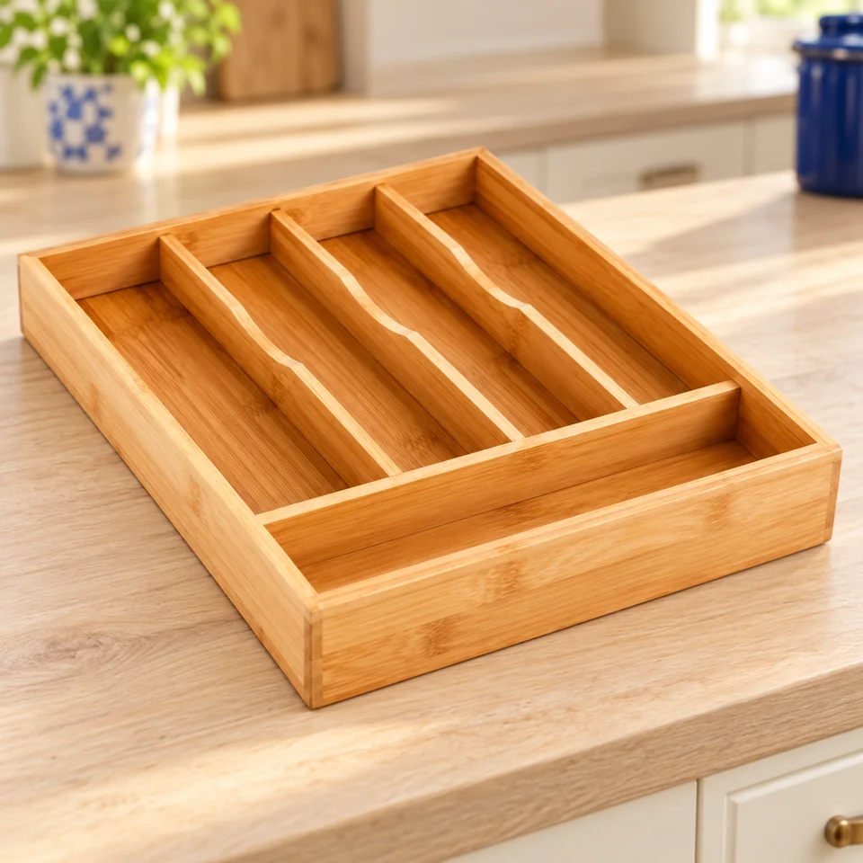 Range-couverts bambou — cinq cases fixes — Un plateau naturel vide à cinq cases, sans extension.