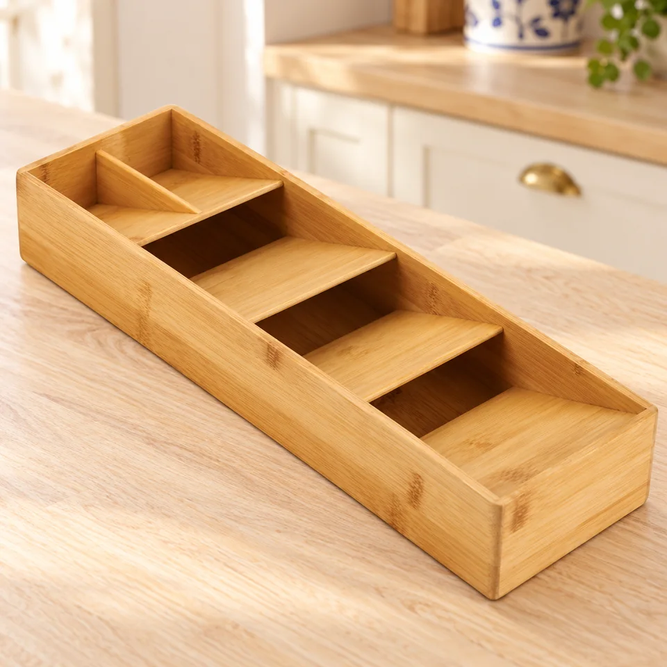 Joseph Joseph — DrawerStore bambou compact — Un organiseur en bambou vide avec ses cinq logements inclinés.