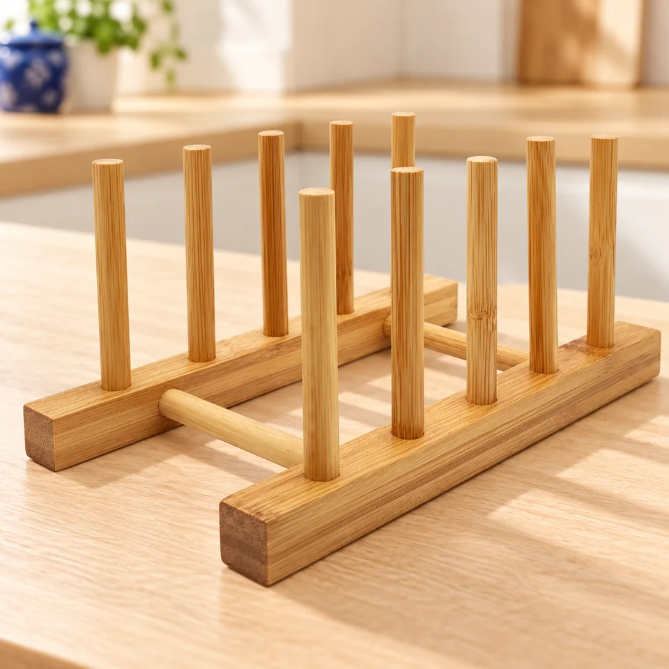 efbock — porte-assiettes bambou — Illustration du rangement vide ; vaisselle, bocaux et accessoires de démonstration non fournis.