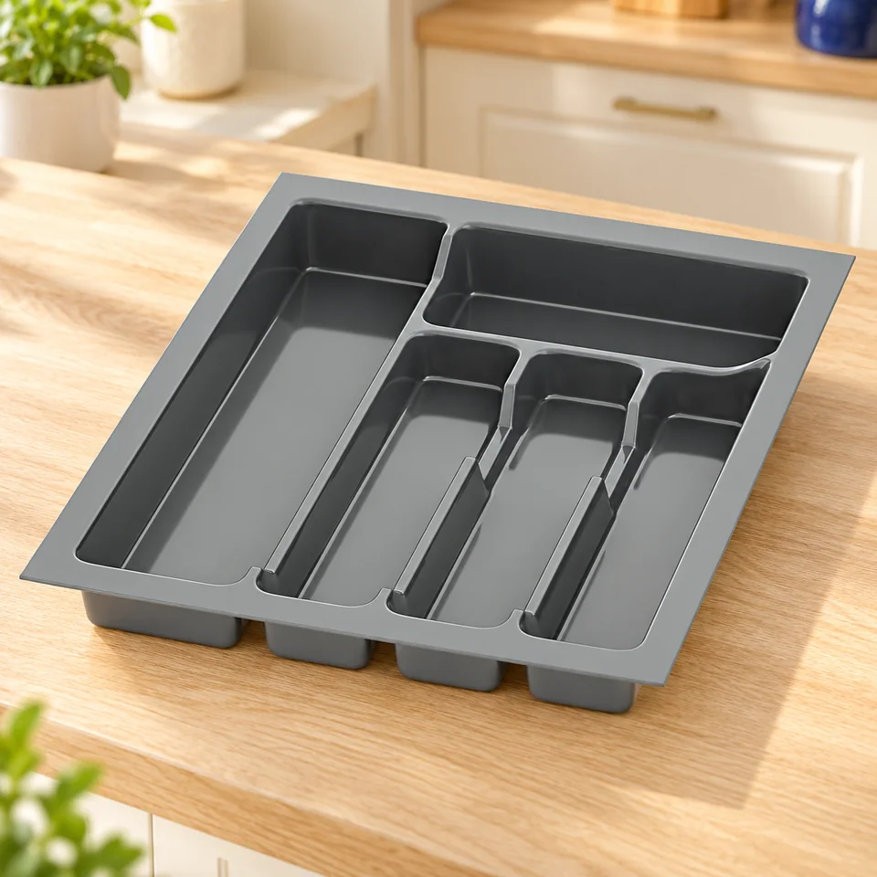 Sossai Divio — plateau anthracite découpable — Un plateau anthracite vide avec cinq cases et son rebord plat.