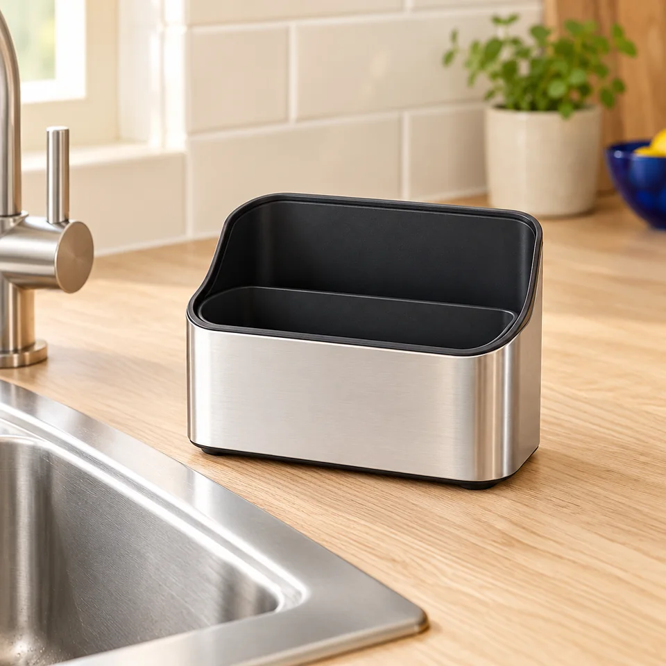Joseph Joseph Surface — caddy d’évier — Illustration du rangement vide, comparée à la référence exacte ; accessoires de démonstration non inclus.