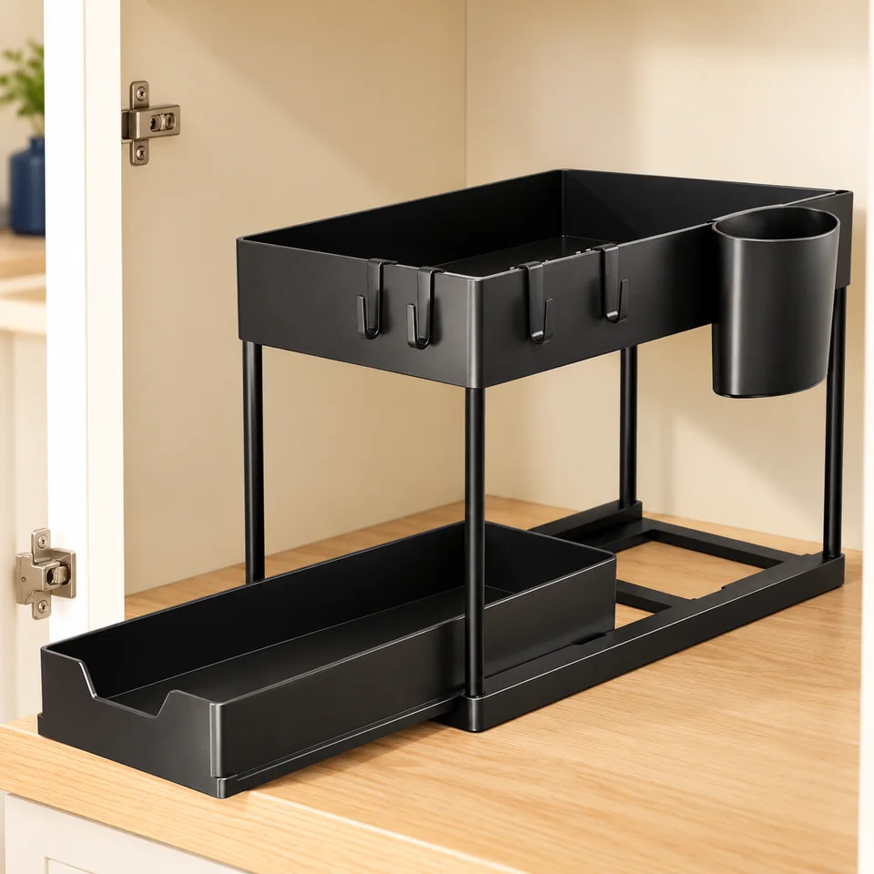 Puricon — rangement avec pot suspendu — Illustration du rangement vide, comparée à la référence exacte ; accessoires de démonstration non inclus.
