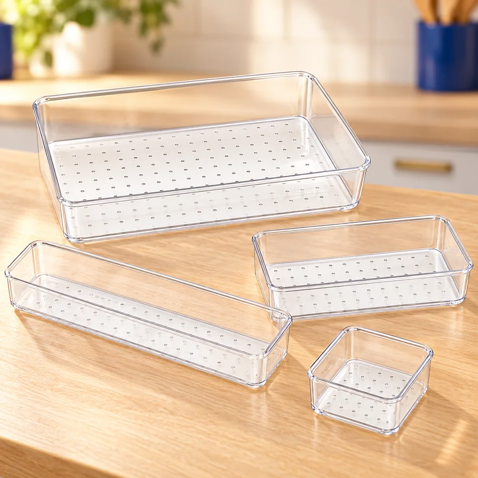 Vtopmart — bacs transparents modulaires — Détail du lot : quatre bacs vides, un par format observé ; le lot complet n’est pas représenté.