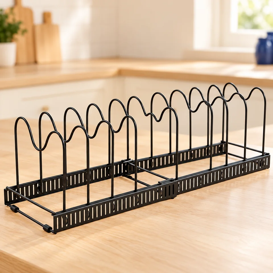 Fousenuk — range-poêles extensible — Illustration du rangement vide ; vaisselle, bocaux et accessoires de démonstration non fournis.
