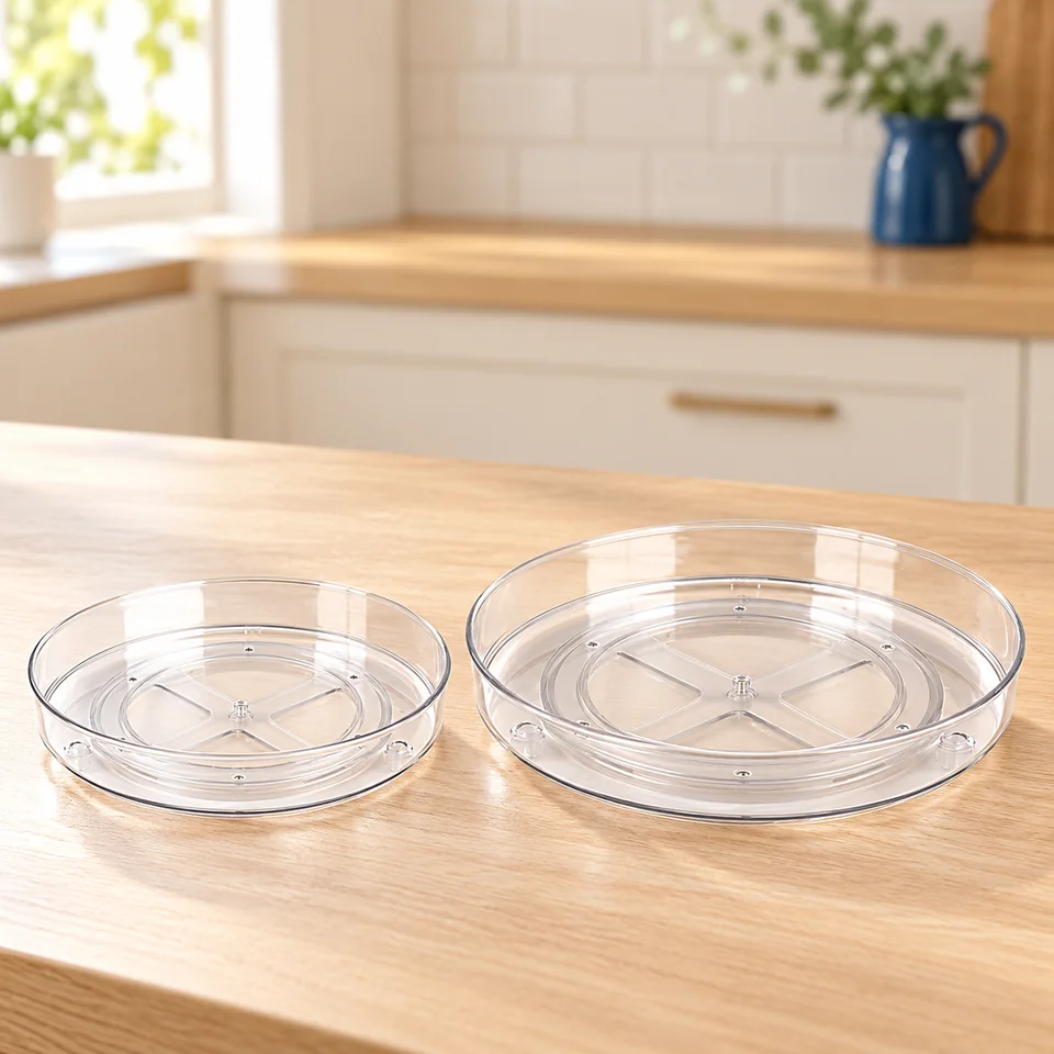 LGXS — duo de plateaux tournants — Illustration du rangement vide ; vaisselle, bocaux et accessoires de démonstration non fournis.
