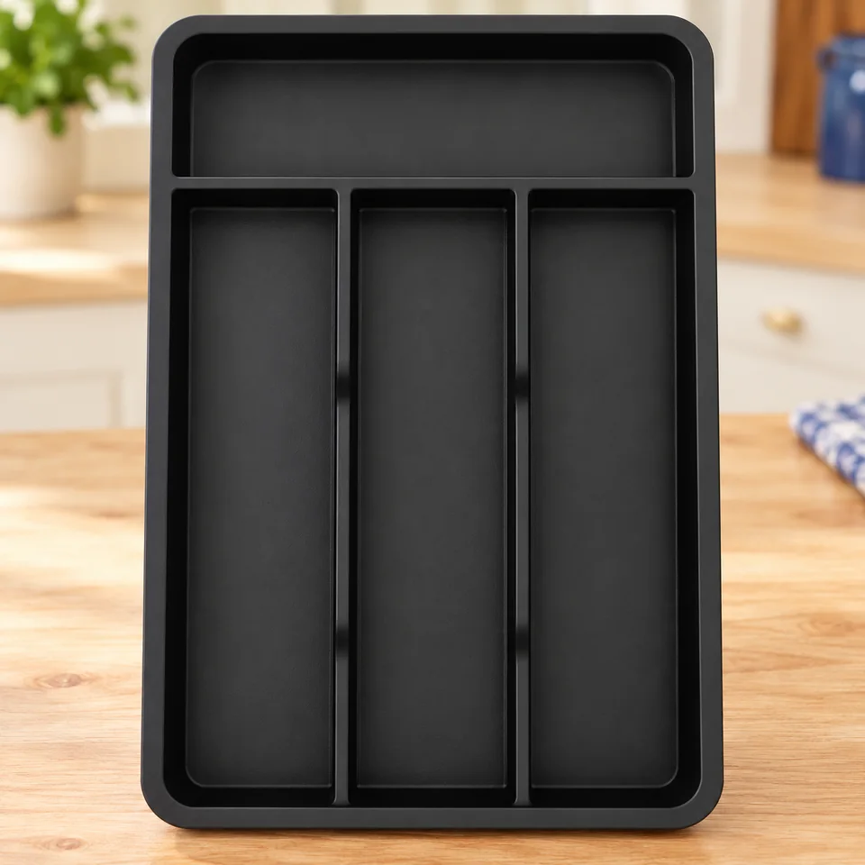 Lifewit — petit range-couverts à quatre cases — Un plateau noir vide avec trois cases longues et une case transversale.