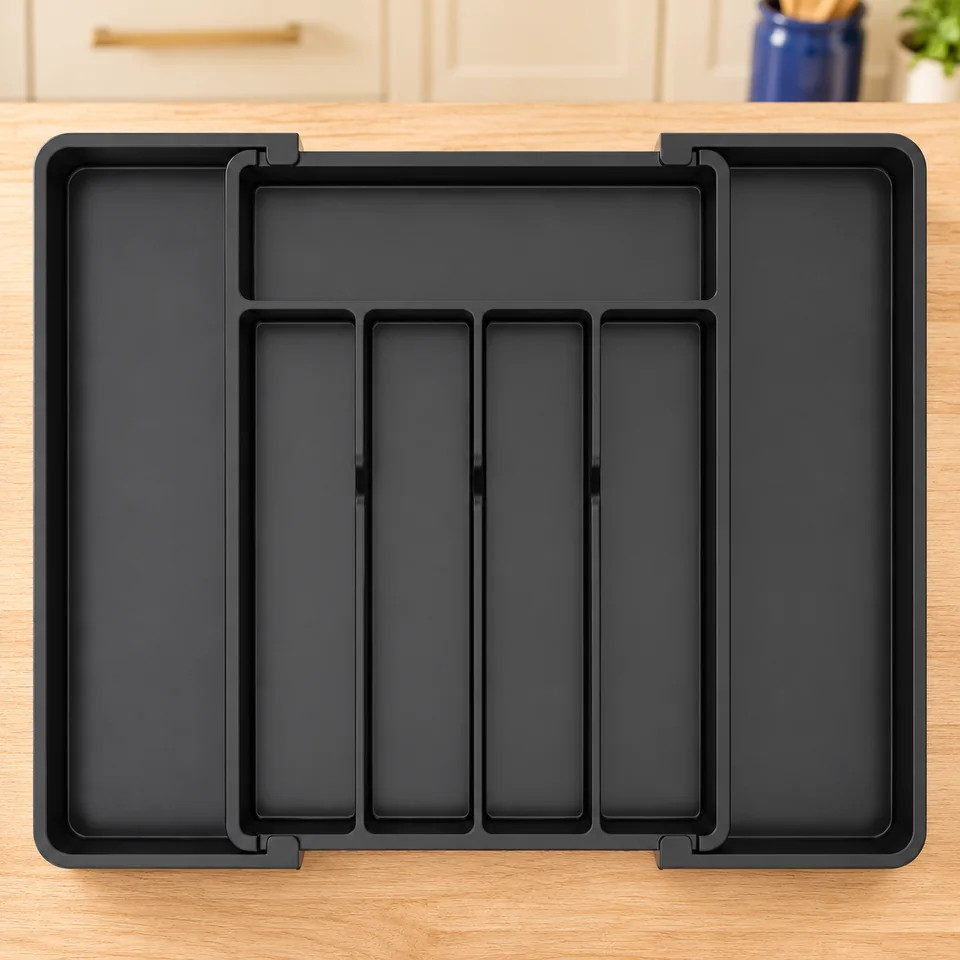 Lifewit — petit plateau noir extensible — Un plateau noir vide à sept cases, ouvert.