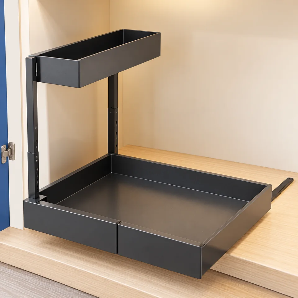 Ornestia — rangement en L extensible — Illustration du rangement vide, comparée à la référence exacte ; accessoires de démonstration non inclus.