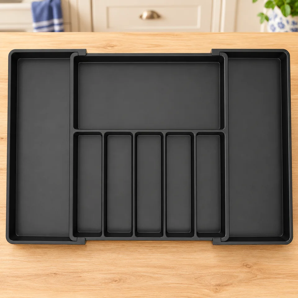 Lifewit — grand plateau noir profond — Un plateau noir vide à huit cases, présenté ouvert.