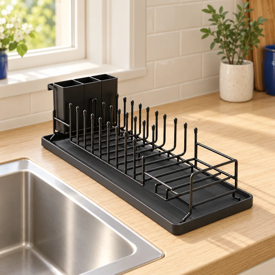 Aufworld — égouttoir avec tapis silicone — Un seul rack, un tapis et un porte-couverts sont montrés ; vaisselle non incluse.