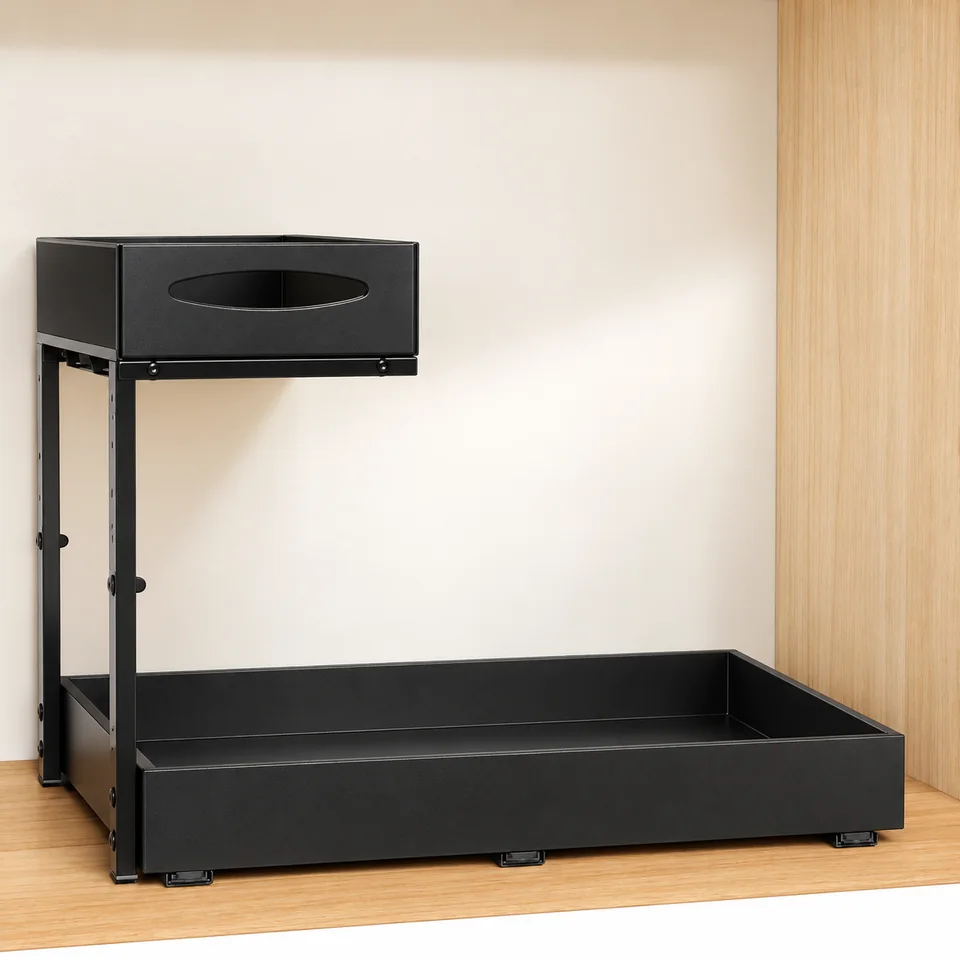 Housolution — tiroir large en L — Illustration du rangement vide, comparée à la référence exacte ; accessoires de démonstration non inclus.