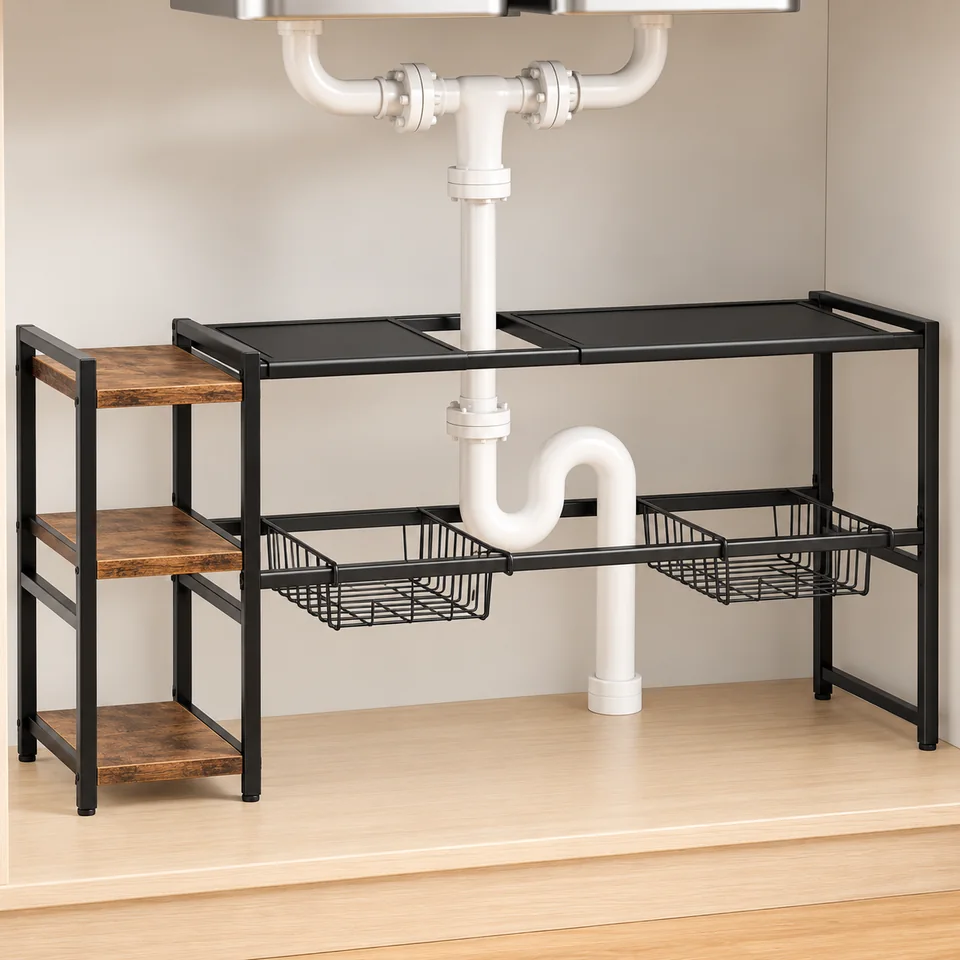 Housolution — étagère avec colonne latérale — Illustration du rangement vide, comparée à la référence exacte ; accessoires de démonstration non inclus.
